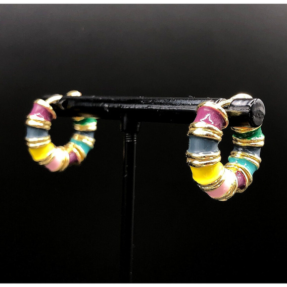 Rainbow Hoop Earrings Retro Multi Color Enamel Gold Tone 80s 90s Style Huggies - Picture 3 of 6